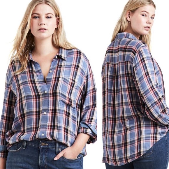 LEVI'S Button Plaid Shirt Boyfriend Fit Plus Blue - Picture 3 of 8
